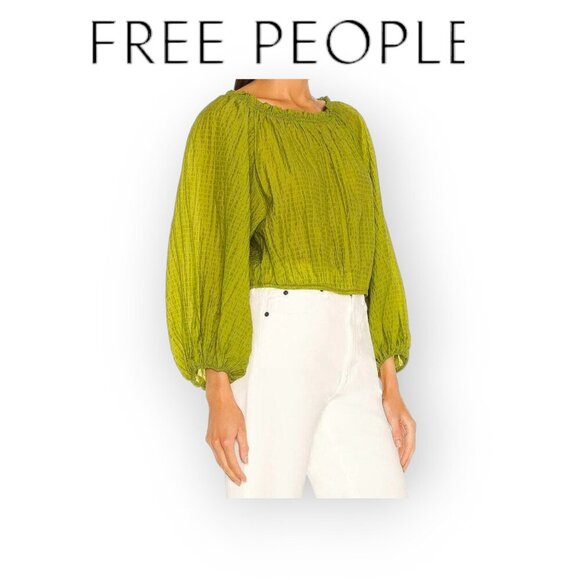 Free People Alicia Top in Lace Fern Green balloon sleeve boho hippie EUC size M - Picture 1 of 12